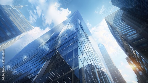 An angled view of a futuristic office tower with glass facades  with the sky and neighboring buildings mirrored on its surface  emphasizing modern architectural aesthetics