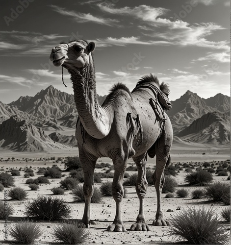 A camel Animal Background Prehistoric Landscape Coloring Page Outline Scene Black and White