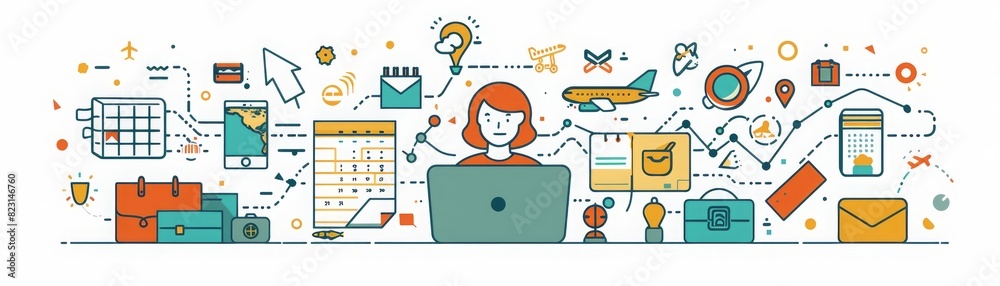 Illustration of a woman working on a laptop surrounded by various business icons and elements representing multitasking, productivity, and planning. Illustration of a woman working on a laptop surrounded by various business icons and elements representing multitasking, productivity, and planning.