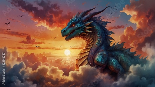 Majestic Dragon Amidst Colorful Sunset Clouds