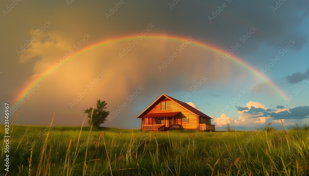 Beautiful House with Rainbow on Open Grassland