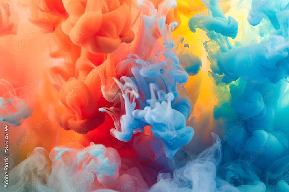 Colorful Ink in Water with Vibrant Rainbow Smoke Clouds