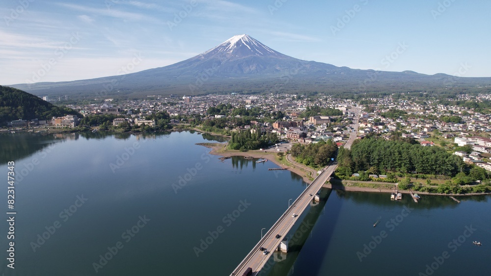 a aerial view of kawaguchiko hot spring resort town and Mount Fuji