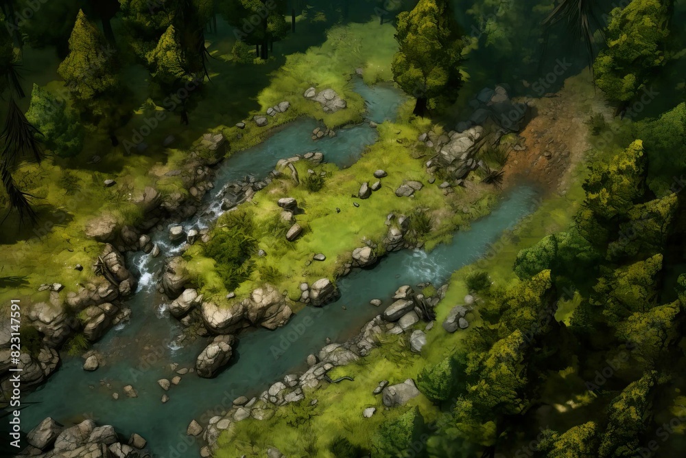 DnD Battlemap Forest Clearing: Tranquil nature setting with light filtering through trees.