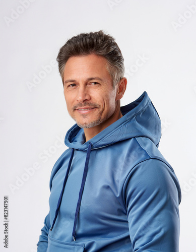 a half-body portrait of a middle-aged tech leader in a nice blue hoodie flat white background © Kwangvann Ztudio