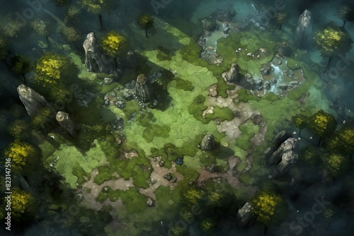 DnD Battlemap Forest Clearing: A battlemap with diverse terrain, suitable for various tabletop games.