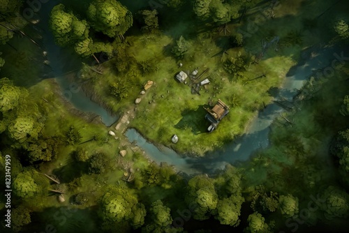 DnD Battlemap Forest Clearing Battlemap: Fighters engage in fierce battle amidst trees and ruins. © Fox