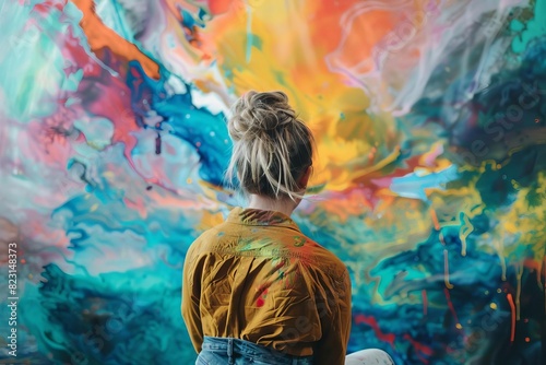 ENFP artist immersed in a colorful painting, copy space, focus on creative flow, ethereal, composite, home studio backdrop photo