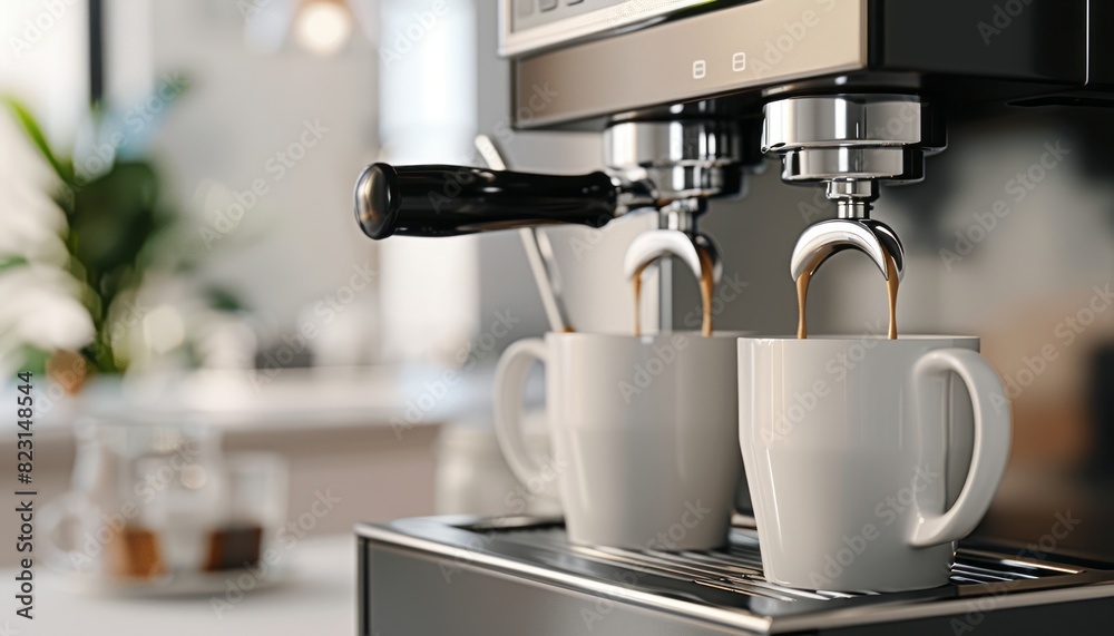 A closeup of an espresso machine, with coffee being poured into two white mugs on the nearby counter A closeup of an espresso machine, with coffee being poured into two white mugs on the nearby counter