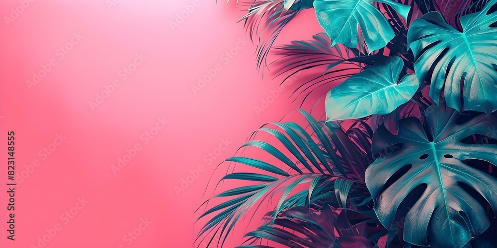 Obraz premium Neon pink and teal 80s retro design with tropical palm leaves. Concept 80s Retro Design, Neon Pink, Teal, Tropical Palm Leaves