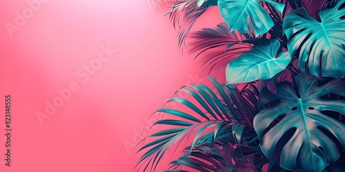 Neon pink and teal 80s retro design with tropical palm leaves. Concept 80s Retro Design, Neon Pink, Teal, Tropical Palm Leaves