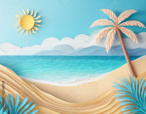 Tropical beach with blue ocean  palm tree  sand and sun  summer concept  paper art