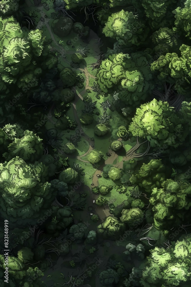DnD Battlemap Forest of the Vigilant Vines - Lush greenery entwined in a magical forest.