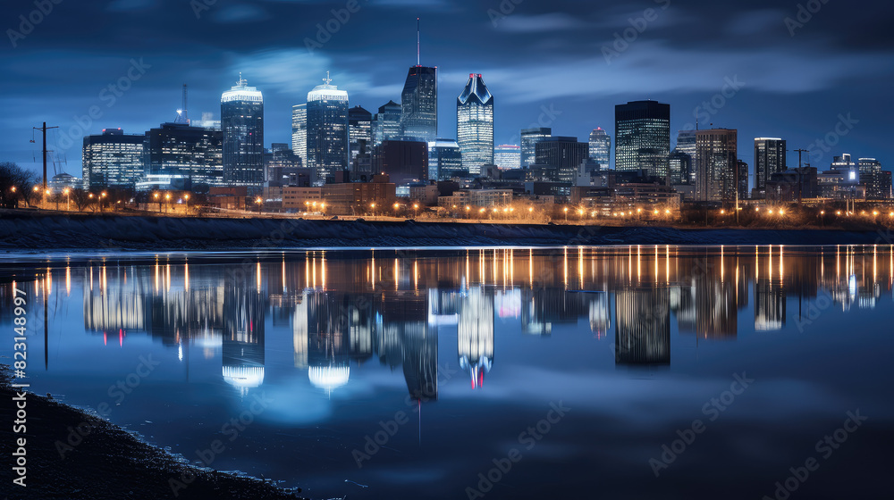 Naklejka premium Serene City Night Reflections on Water