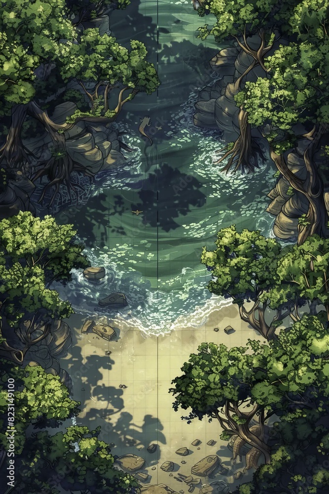 DnD Battlemap Forest on the Enchanted Estuary - Misty landscape with trees, water. DnD Battlemap Forest on the Enchanted Estuary - Misty landscape with trees, water.