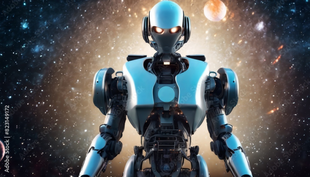 A futuristic robot with a sleek design and glowing eyes stands prominently in an outer space environment, illuminated by distant stars and planets.. AI Generation A futuristic robot with a sleek design and glowing eyes stands prominently in an outer space environment, illuminated by distant stars and planets.. AI Generation