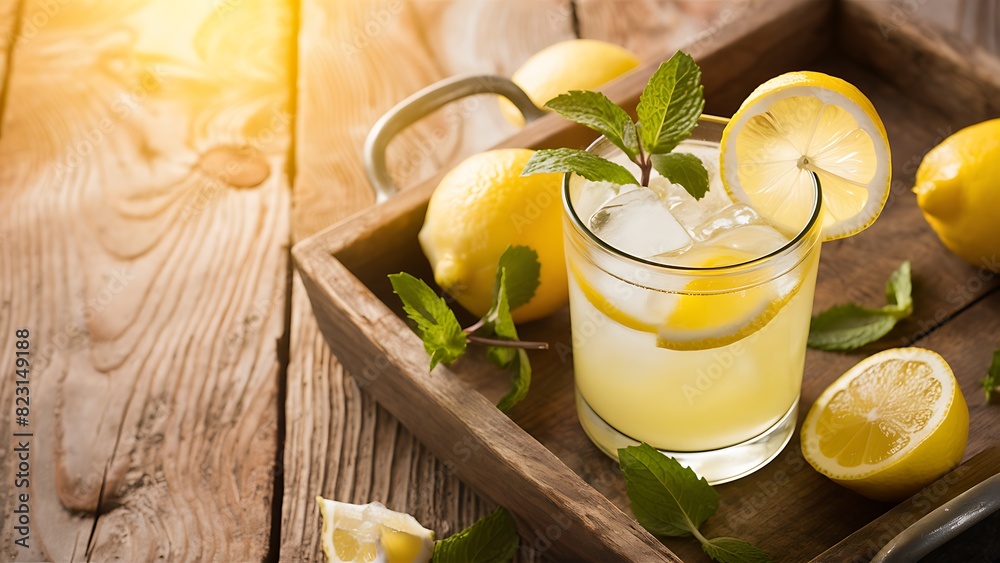 Fototapeta premium Classic sour and sweet homemade lemonade drink summer cold iced beverage rustic wooden background in white tray top view