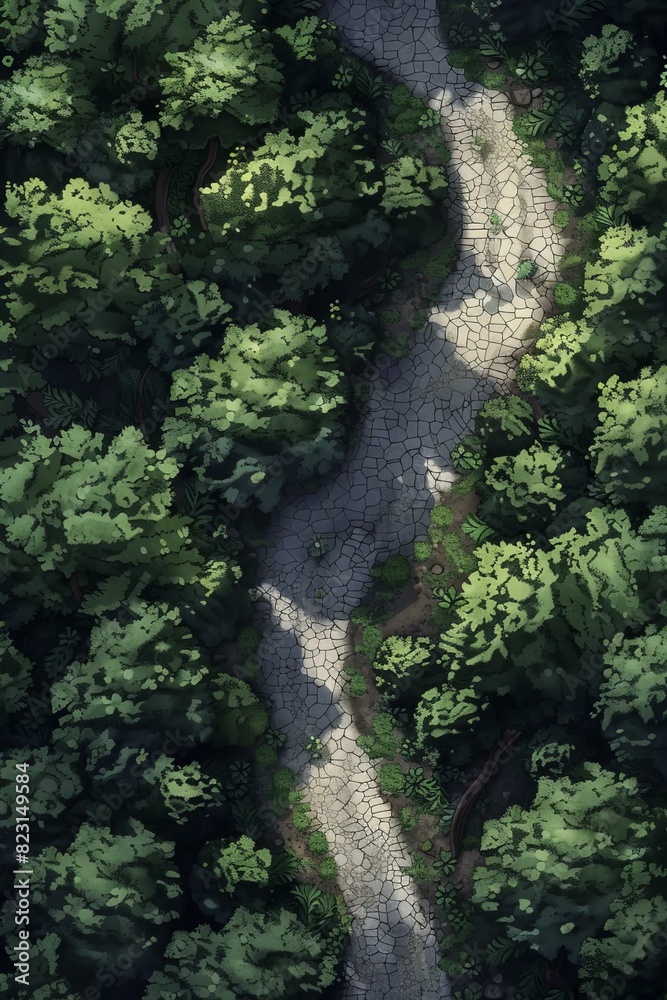 DnD Battlemap Forest Pathway: Lush green trail meandering through trees.