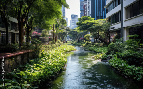 Urban Oasis: Green Waterway Amid Cityscape