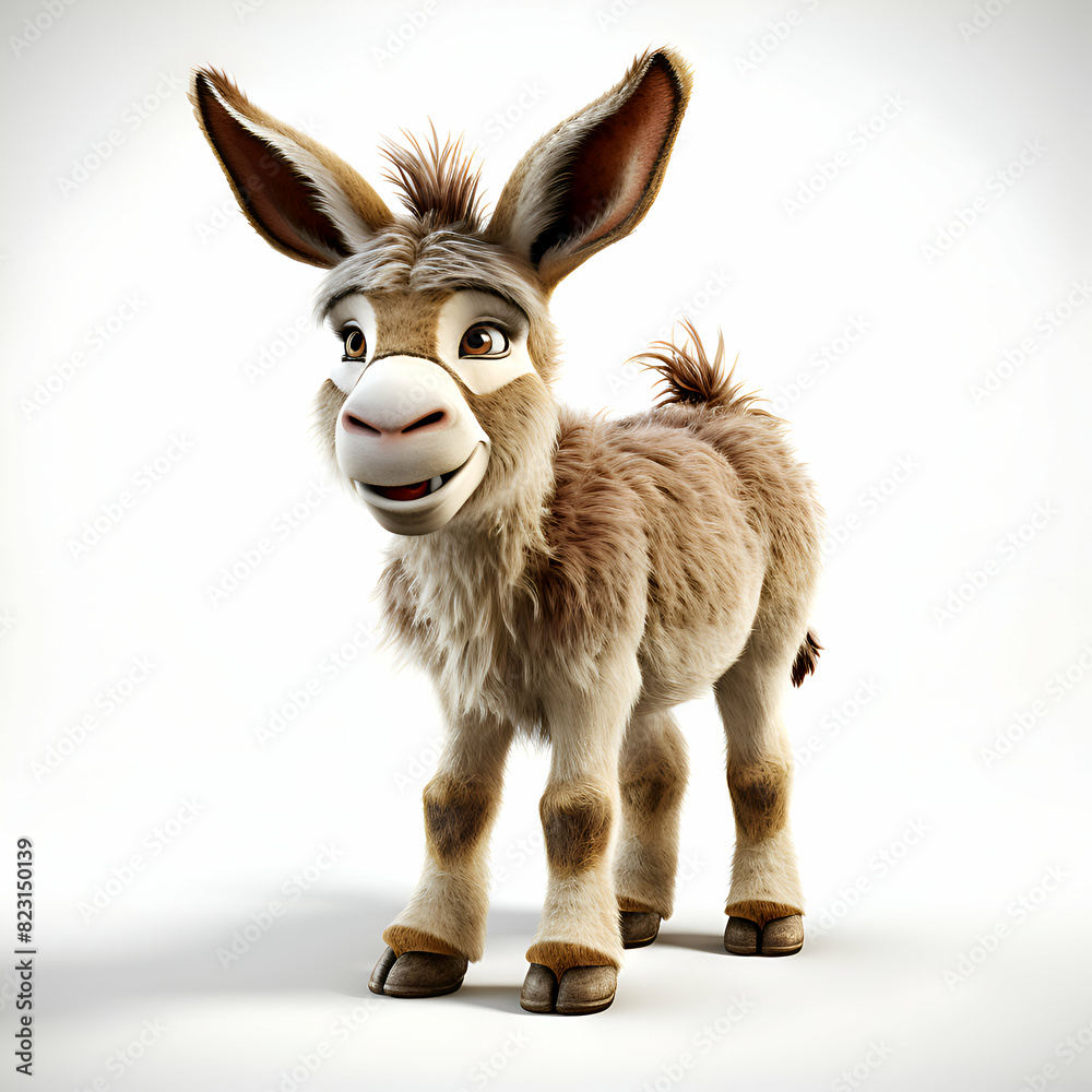 3d rendering of a cute funny donkey isolated on white background.