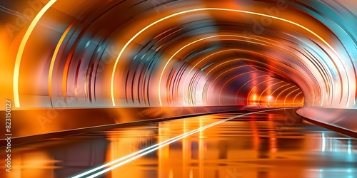 Futuristic neonlit tunnel with metallic reflections in abstract hig. Concept Futuristic Architecture, Neon Lighting, Metallic Reflections, Abstract Design, High-Tech Aesthetics