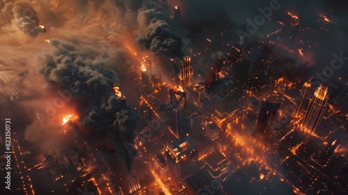 A stunning aerial shot depicting a city on fire, straight out of a blockbuster photo