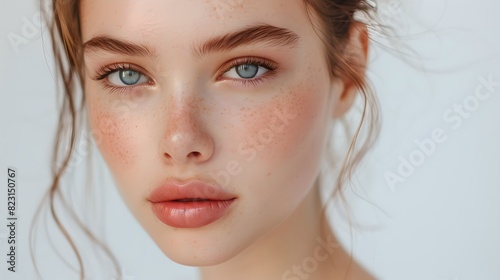 Close-up portrait of a young woman with blue eyes and natural makeup. The image highlights her fresh, delicate look. Perfect for beauty and skincare ads. AI