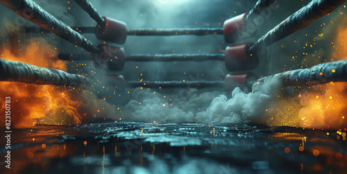 Boxing ring, dynamic shot, colored dust, black background. Generative AI. photo