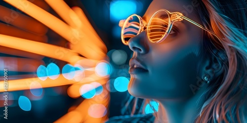 Hipster woman in neonlit room wearing Bitcoin glasses with cryptocurrency lenses. Concept Fashion, Neon Lights, Bitcoin, Cryptocurrency, Hipster photo