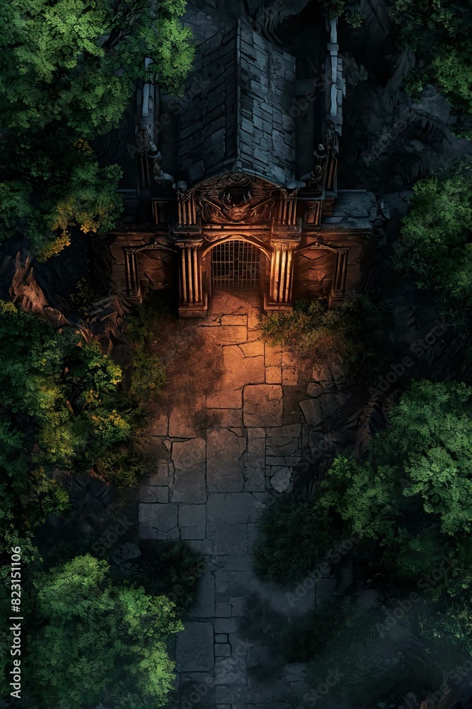DnD Battlemap Haunted Woods Battlemap with Opened Doors, Gloomy Atmosphere. DnD Battlemap Haunted Woods Battlemap with Opened Doors, Gloomy Atmosphere.