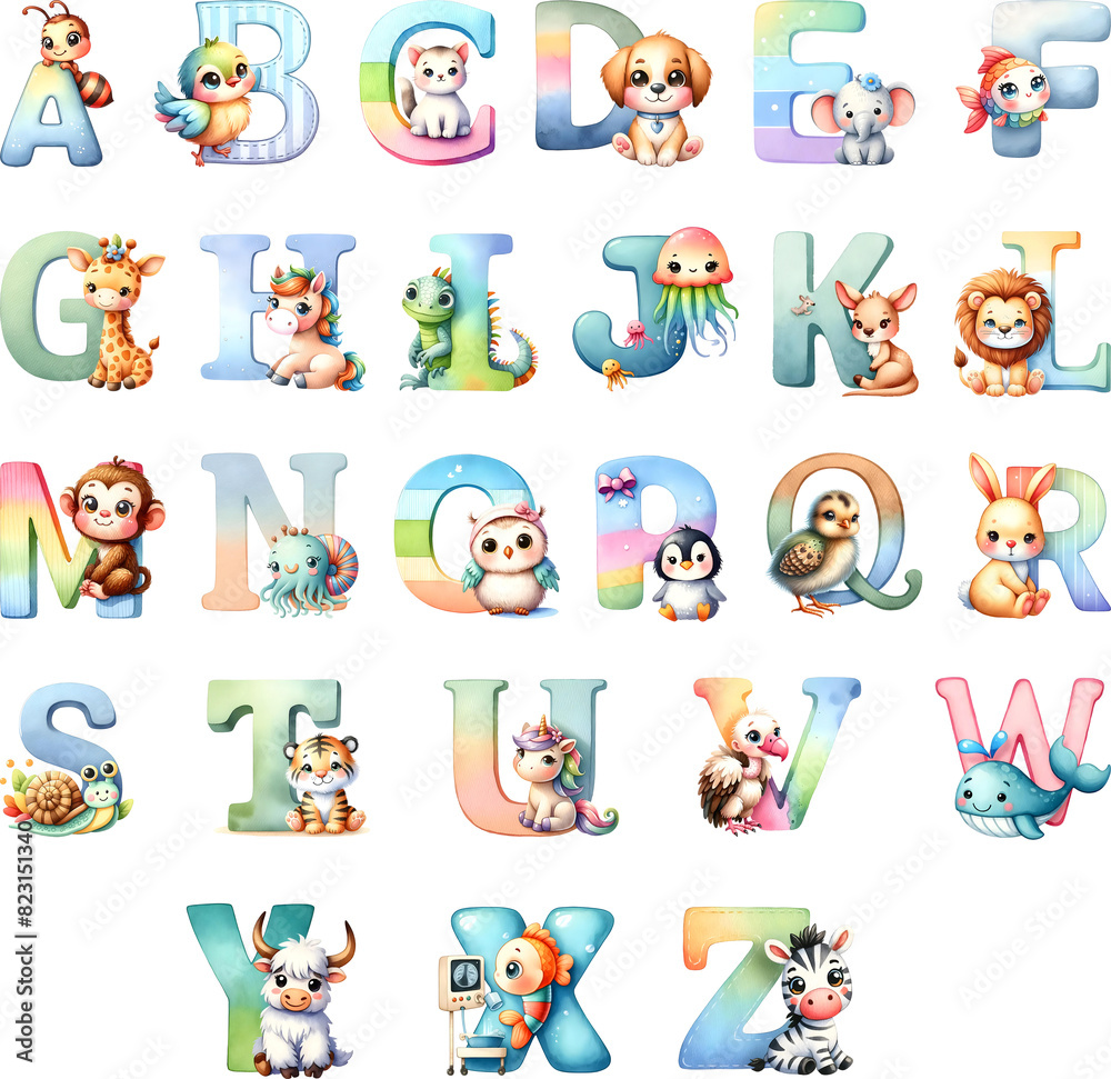 Obraz premium Watercolor animal english alphabet set from A to Z
