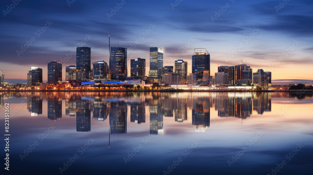 Urban Twilight Serenity: Reflective City Skyline