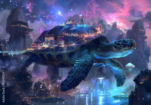 A turtle is floating in the sky above a city photo