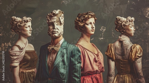 A party is attended by four people wearing elegant and stylish clothes, all wearing antique statue heads. Concept of creativity, retro and vintage style, imagination. photo