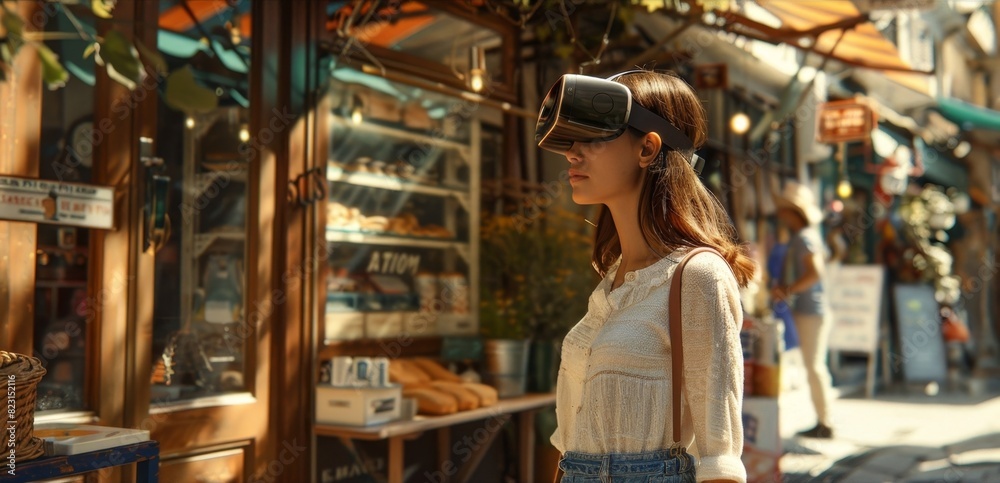 A woman stands in front of a quaint coffee shop but with the help of her AR headset she sees the same location transformed into an oldfashioned market with vendors selling goods. A woman stands in front of a quaint coffee shop but with the help of her AR headset she sees the same location transformed into an oldfashioned market with vendors selling goods.
