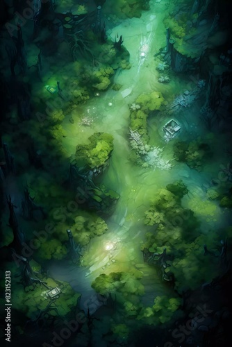 DnD Battlemap Moonshadow Forest Clearing: A mystical forest clearing illuminated by a bright light.