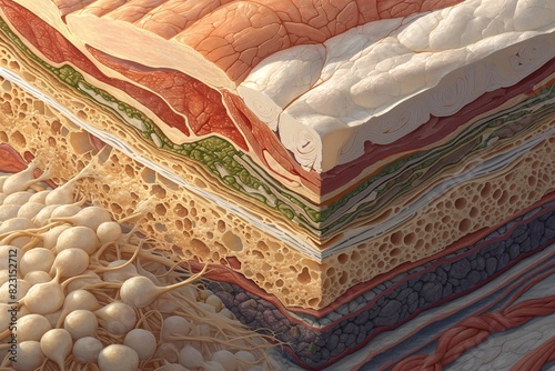 Detailed cross-sectional illustration of human skin layers showing the complexity and structure of epidermis, dermis, and subcutaneous tissue. photo