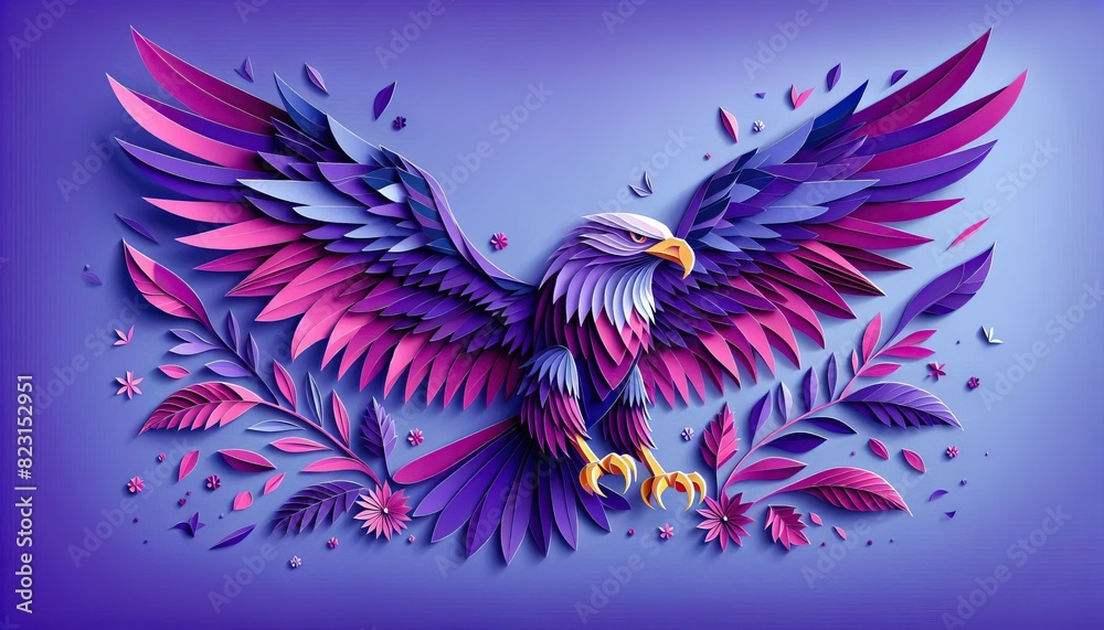Majestic Papercut Eagle with Colorful Feathers on Purple Background Majestic Papercut Eagle with Colorful Feathers on Purple Background