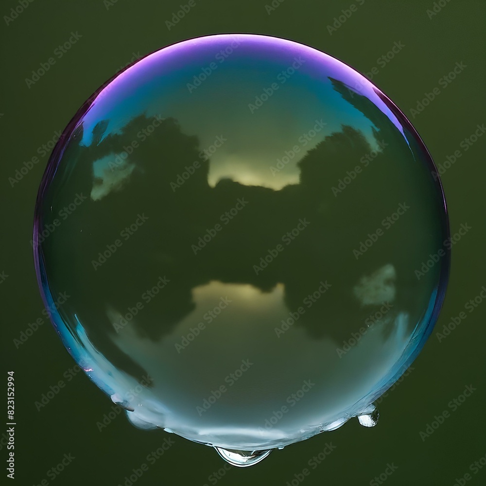 This image shows a close-up of a single soap bubble with iridescent colors and reflections on its surface. This image shows a close-up of a single soap bubble with iridescent colors and reflections on its surface.