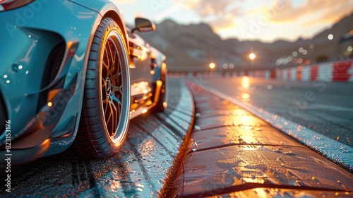 Close up of an race car tire on the track, with a race track background featuring a beautiful sunset light.