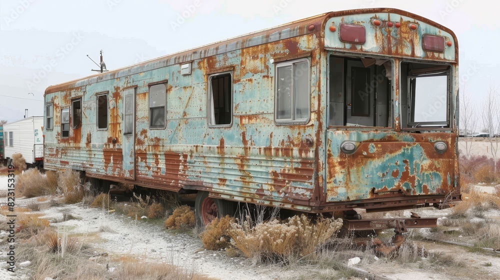 An old, rusted, and run down trailer with a faded orange sign on the side An old, rusted, and run down trailer with a faded orange sign on the side