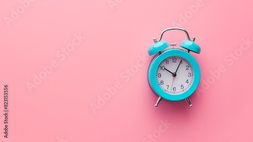 Retro blue alarm clock on a vibrant pink background. Minimalist style image suitable for time management or waking up concepts. Perfect for digital and print media. AI