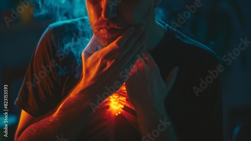 Symptoms of respiratory distress, lungs throbbing in pain. Bronchitis or pneumonia. Man gripping his chest in pain with visible glow from lungs.