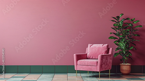 Living room featuring a deep pink wall, an armchair, a plant, a tile floor, and a usual wall backdrop of green and pink.