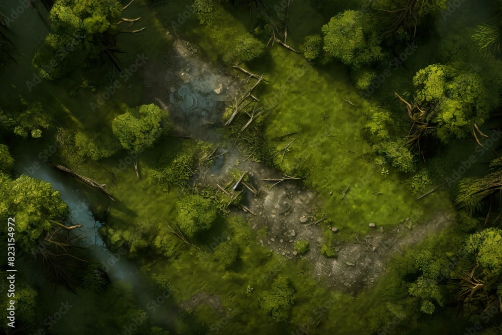 DnD Battlemap Shadowy Forest Clearing: Mysterious and serene forest scene.