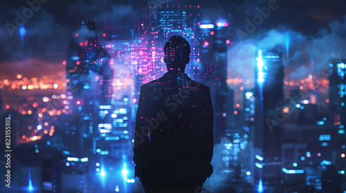 Businessman with smartphone, overlaid with cityscape and technology icons