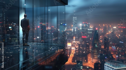 A Young Businessman   s Ambition  Standing in the Office  Gazing at the Modern City   s Night View  Contemplating Urban Success