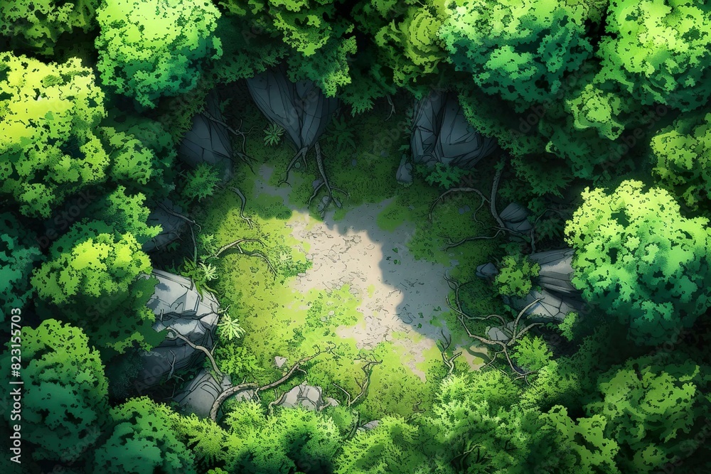 DnD Battlemap Treant Grove Battlemap: lush forest with wooden structures. DnD Battlemap Treant Grove Battlemap: lush forest with wooden structures.