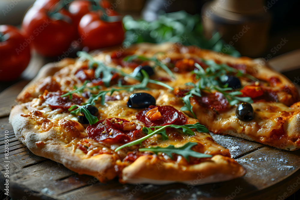 Pizza with salami. olives and arugula on wooden background Pizza with salami. olives and arugula on wooden background