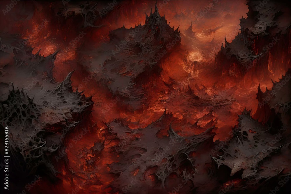 DnD Battlemap Hellish demons landscape. Entrancing crimson realm with towering creatures.